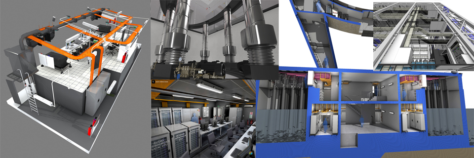 3d images showing technical rooms, control rooms, projection rooms, pumps for water screen
