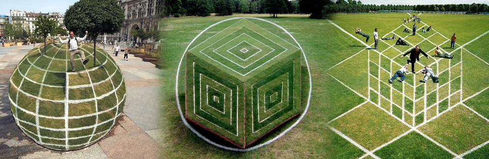 garden optical illusion of a 3d shere in volume in Paris Hotel de Ville, of a 3d cube in the Bagatelle parc and of a flat cube in Saint Germain 
