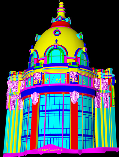An exemple of video mapping 3d model with some elements that came from a 3d laser scan